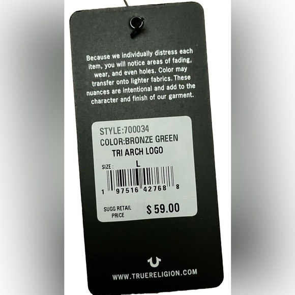 True Religion Bronze Green Tri Arch Logo Short Sleeve LG - Picture 7 of 7